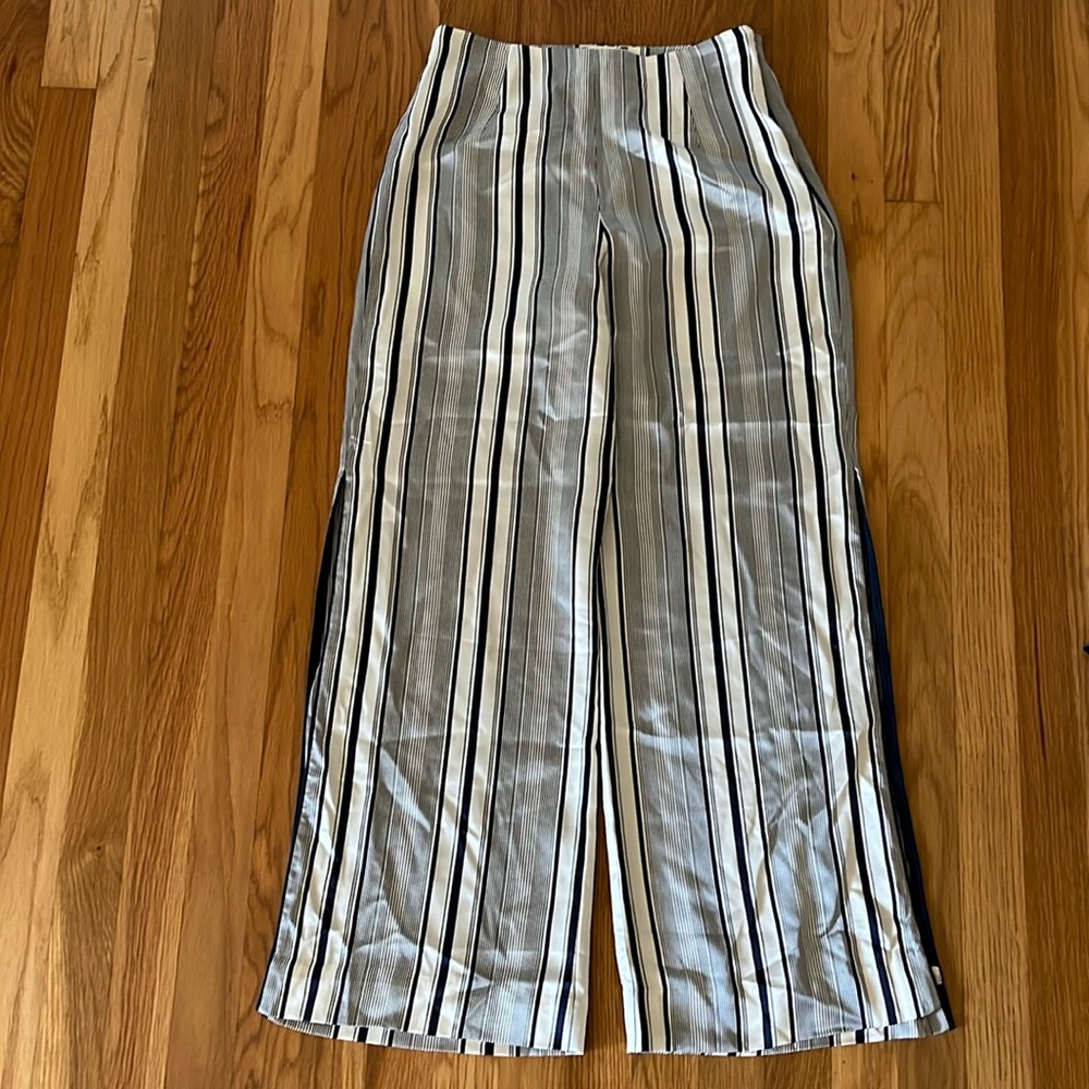 Jonathan Simkhai Silk Striped Slit Side Pants Wide Leg Navy Blue White Size 2